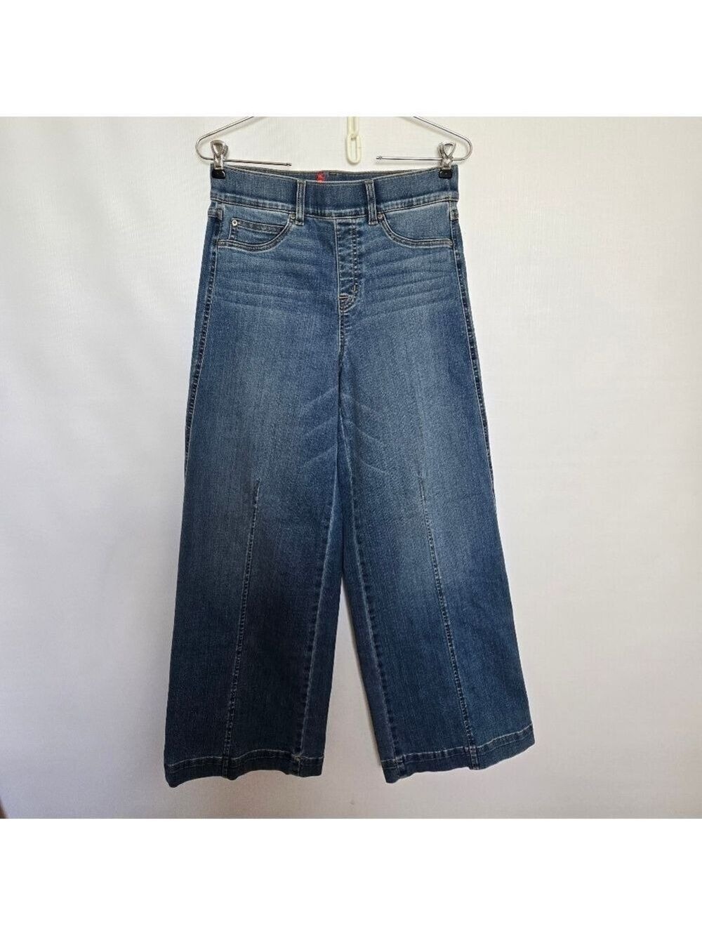 SPANX JEANS WOMENS MEDIUM WIDE LEG PULL-ON SEAMED FRONT HIGH RISE MED WASH BLUE - Picture 2 of 10